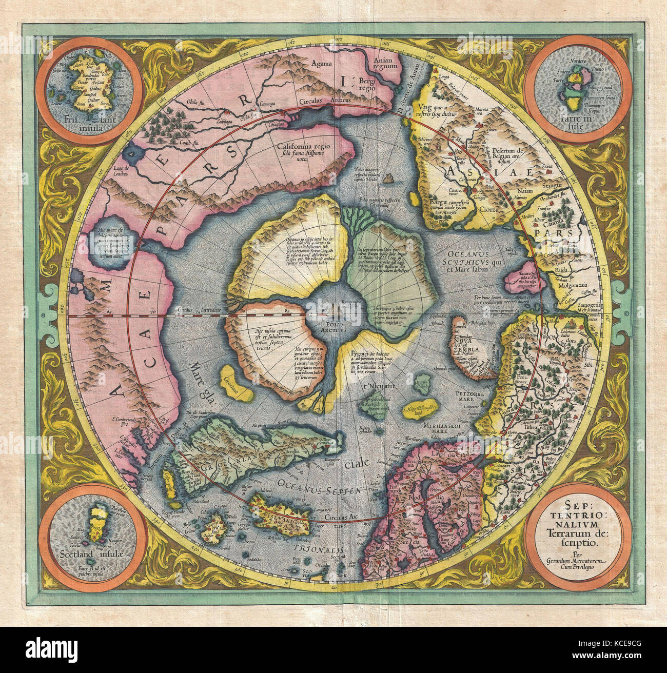 1606, Mercator Hondius mappa dell'Artico, prima mappa del Polo Nord Foto Stock