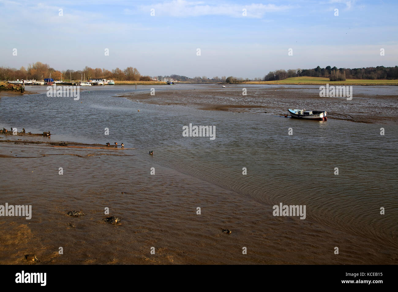 La bassa marea sul fiume Deben tra Woodbridge e Melton, Suffolk, Inghilterra, Regno Unito Foto Stock