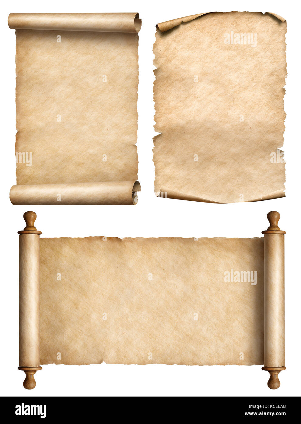 Vecchio scorrere, pergamena, papiro vintage 3d illustrazione impostato Foto Stock