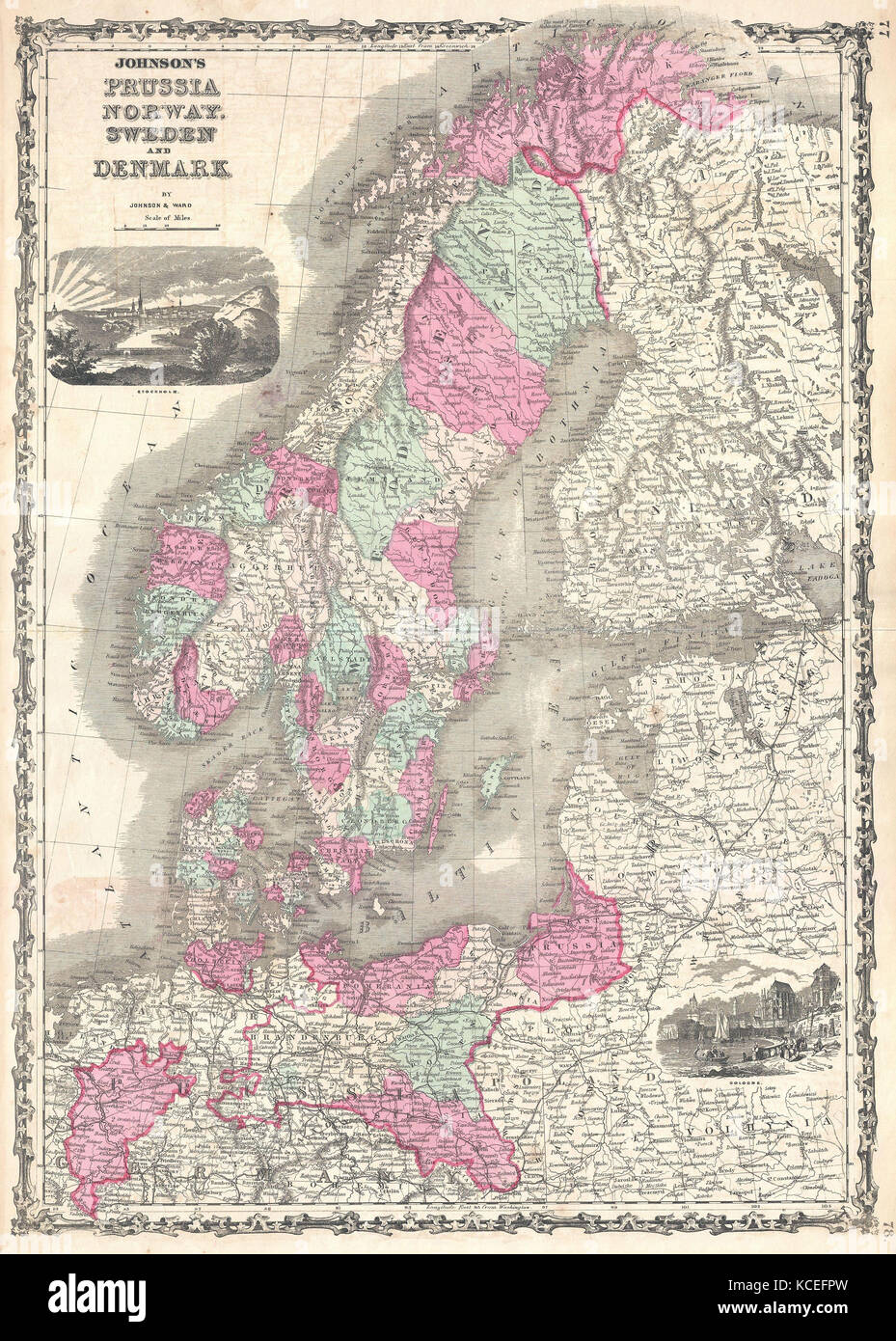 1862, Johnson Mappa della Scandinavia, Norvegia, Svezia, Finlandia e Danimarca Foto Stock