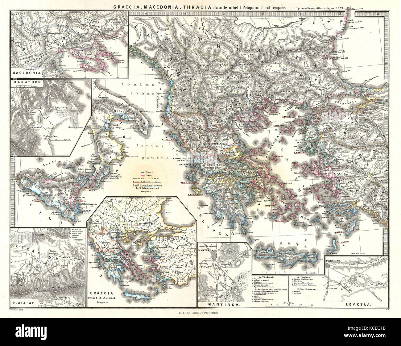 1865, Spruner Mappa di Grecia, Macedonia e Tracia prima Guerra del Peloponneso Foto Stock
