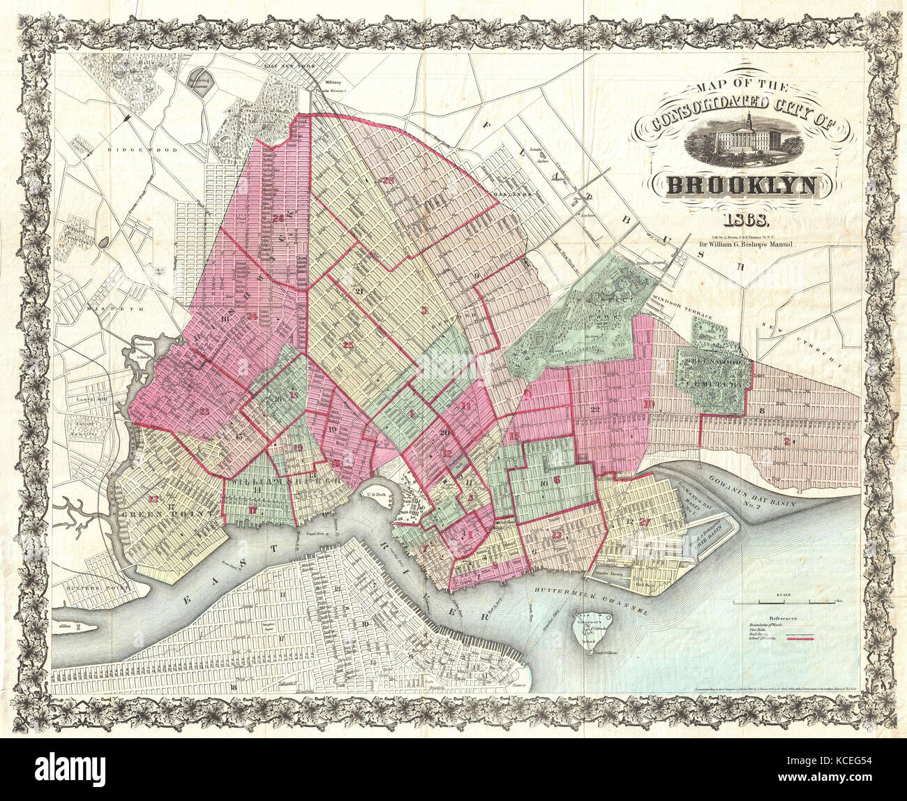 1868, il Vescovo Pocket Mappa di Brooklyn, New York Foto Stock