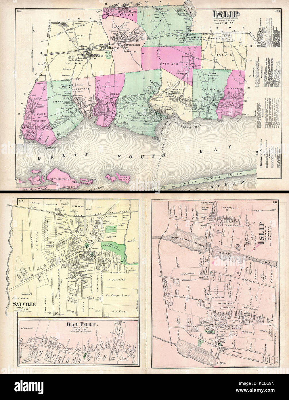 1873, birre Mappa di Islip e Sayville, Long Island, New York Foto Stock
