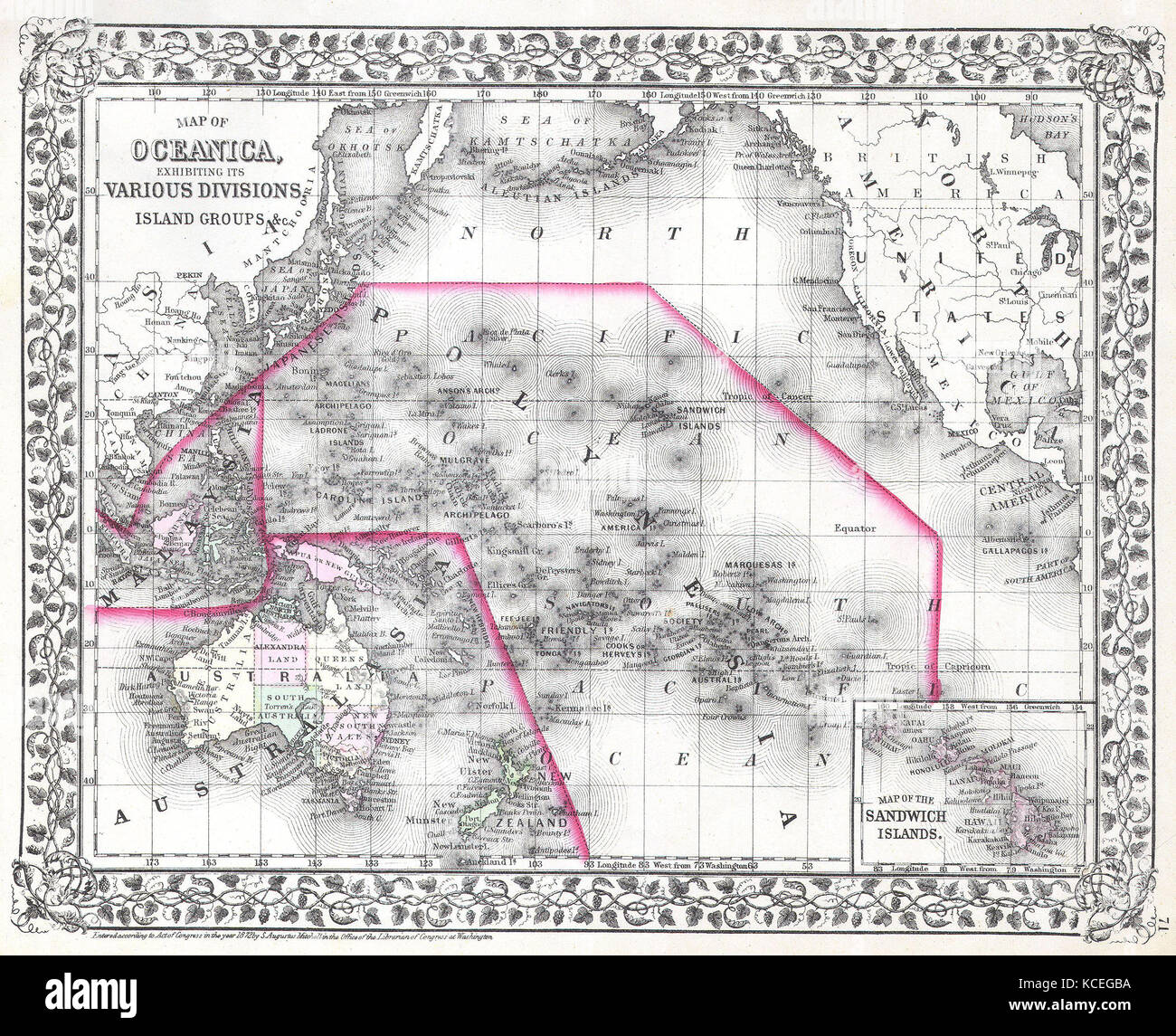 1874, Mitchell Mappa di Australia, Polinesia e Hawaii Foto Stock