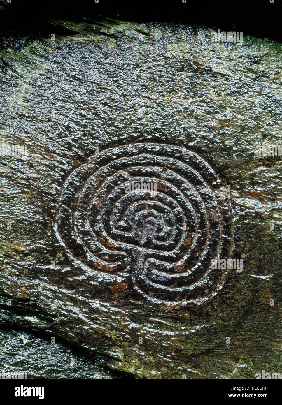 Valle rocciosa incisioni rupestri, Trethevey, Tintagel, Cornwall. Uno dei due presunti labirinti preistorici o labirinti scolpito su una roccia verticale faccia. Foto Stock