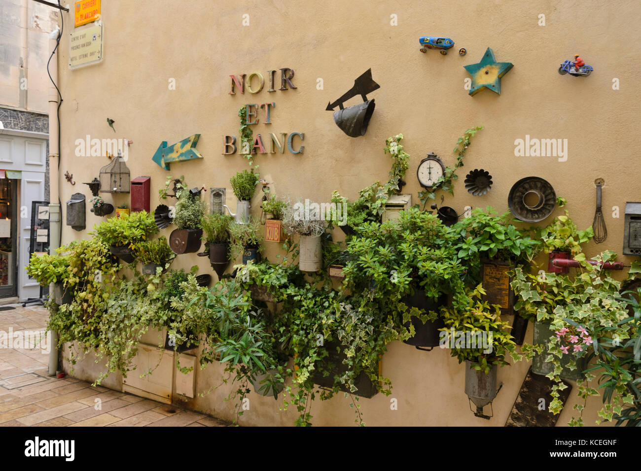 Contenitore del giardino e decorazione su un muro di casa, saint-Rémy de Provence, Provenza, Francia Foto Stock