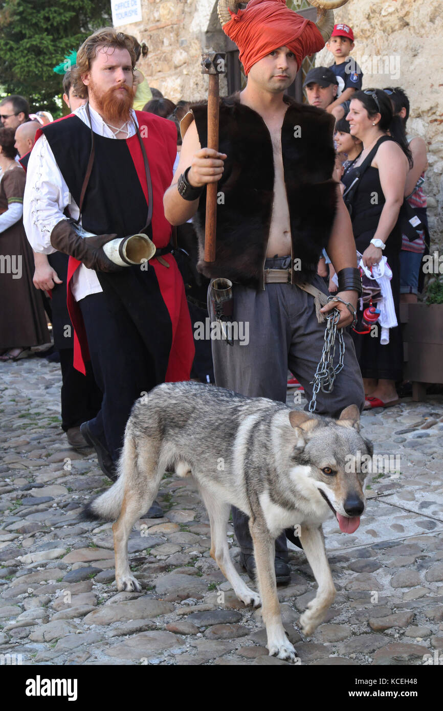 PEROUGES, FRANCIA - GIUGNO 16 : Maestro di lupo durante il Festival medievale, a Perouges, Francia il 16 Giugno 2013. Villaggio libero murato dal 1236, Péroug Foto Stock
