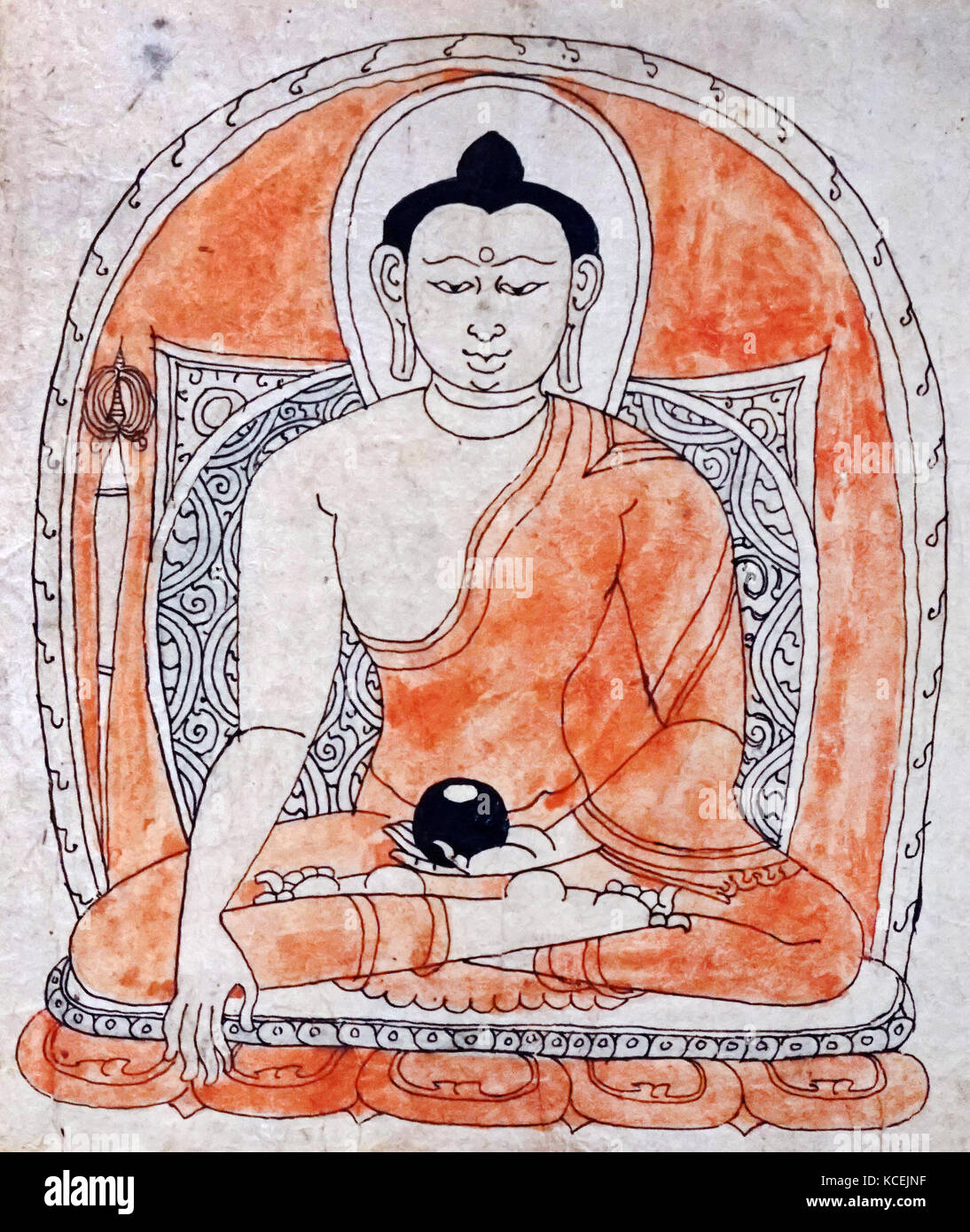 Consacrazione disegno raffigurante il Gautama Buddha, noto anche come Siddharta Gautama, Buddha Shakyamuni, su cui gli insegnamenti del buddismo è stata fondata., 1450-1600 annuncio. disegnato in uno stile Nepalese. Carta, inchiostro e acquerello del Tibet Foto Stock
