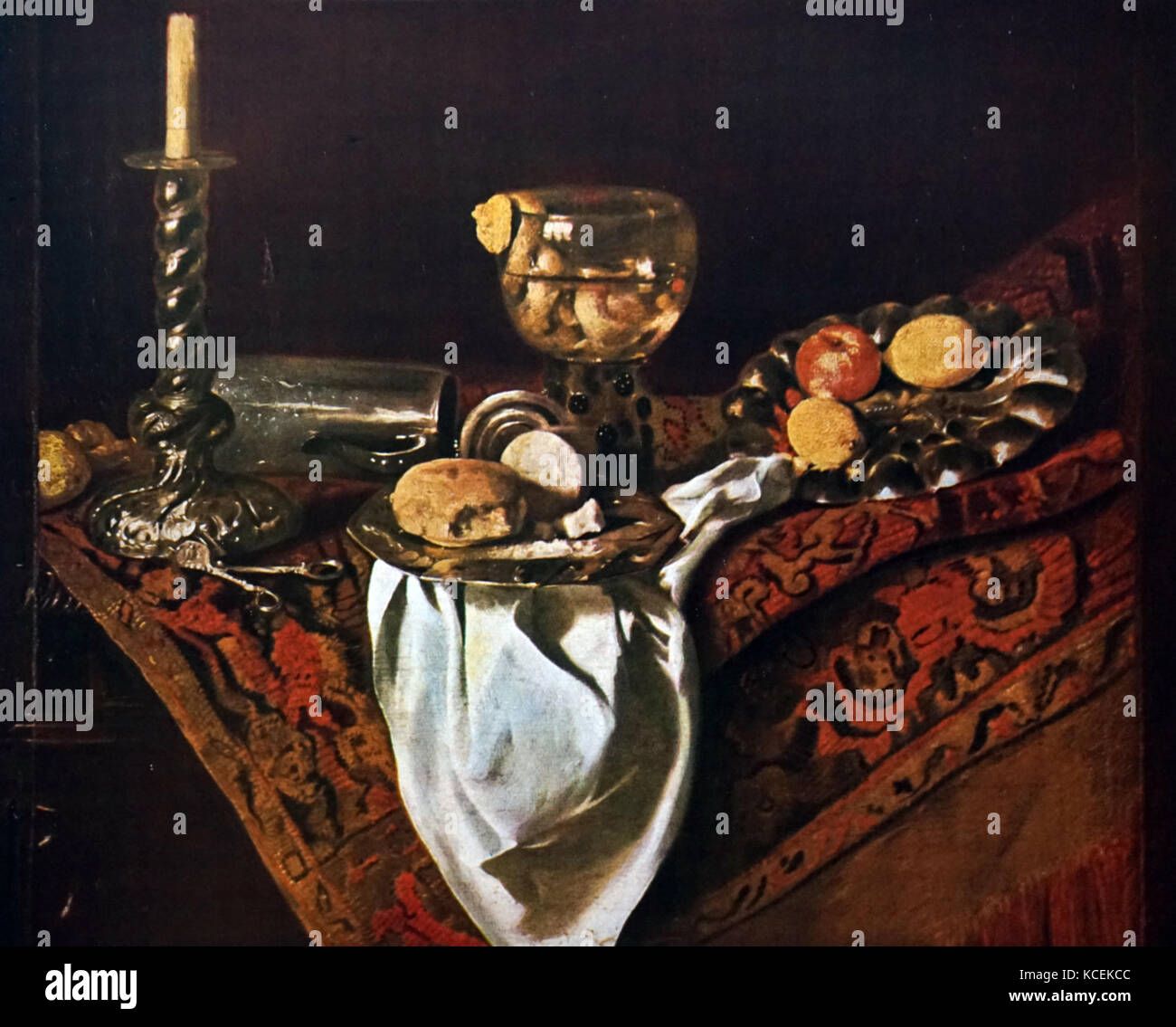 Pittura intitolato 'Still vita con candelabro" attribuita a Barend van der Meer (1659-1700) un olandese Golden Age ancora vita pittore. Risalenti al XVII secolo Foto Stock