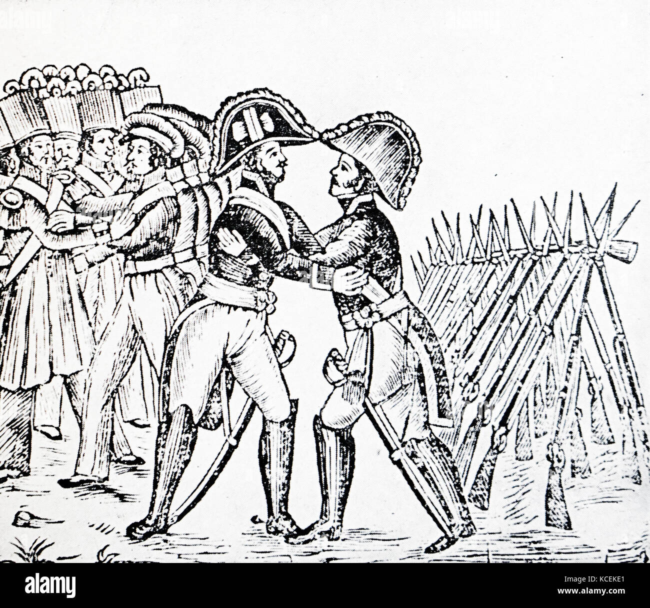 Incisione raffigurante l'abbraccio di Baldomero Espartero, principe di Vergara (1793-1879) e il generale Rafael Maroto (1783-1853). Datata del XIX secolo Foto Stock