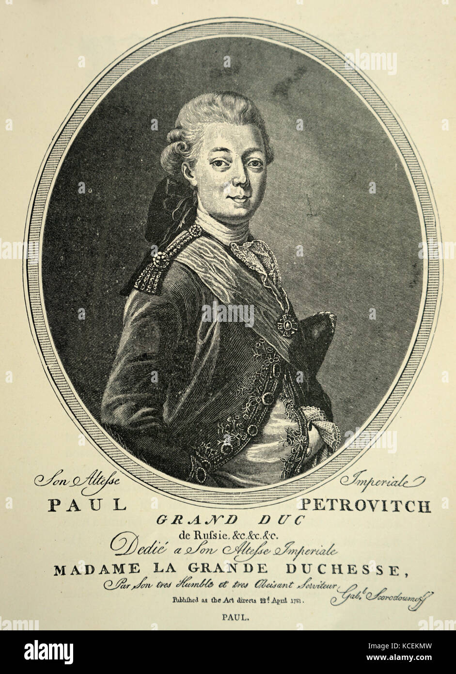 Ritratto inciso di Paolo I di Russia (1754-1801) l'imperatore di Russia. Datata del XIX secolo Foto Stock