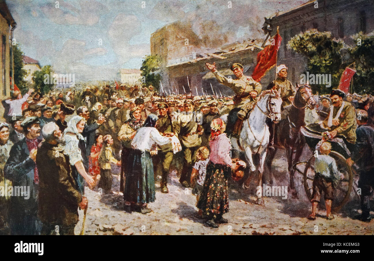 La popolazione di Minsk saluta il glorioso esercito rosso durante la Guerra Civile Russa. Da un dipinto di G. Foto Stock