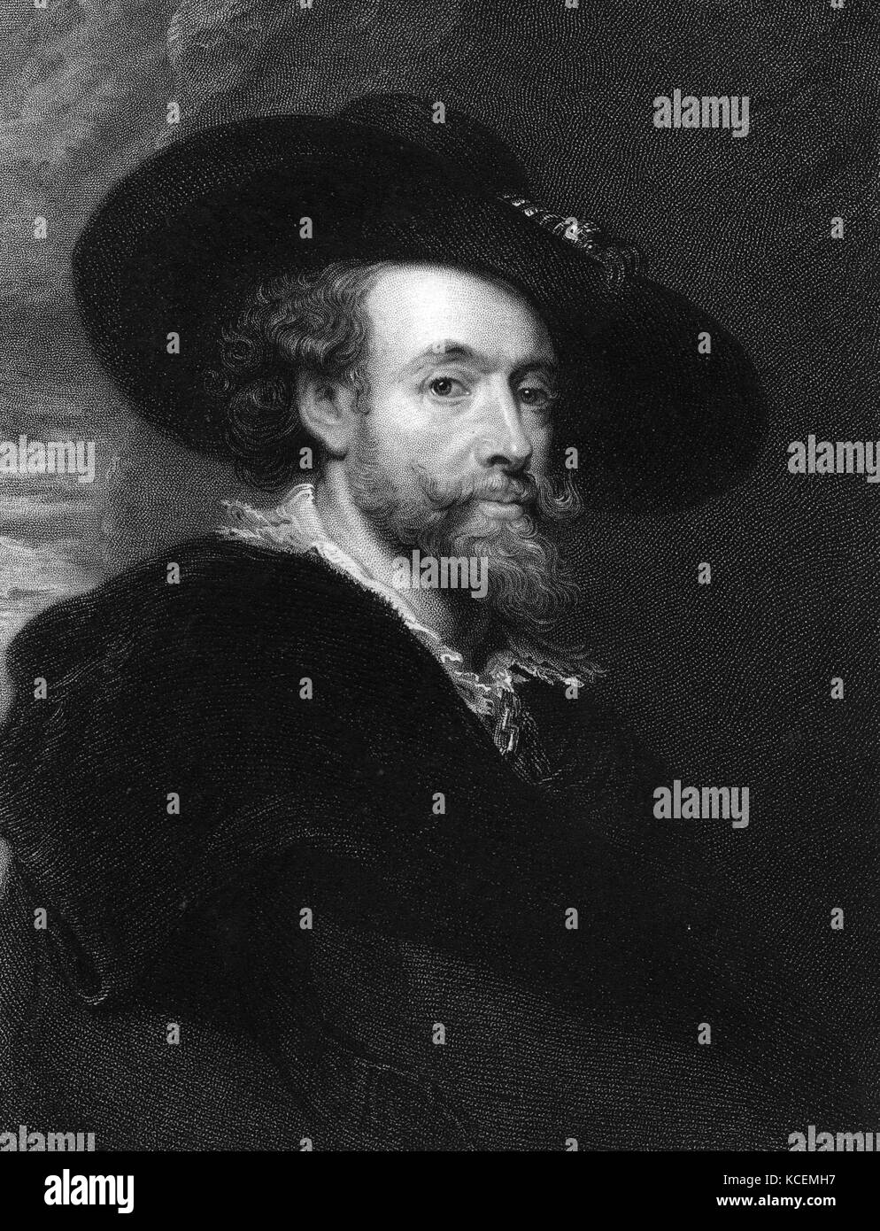 Incisi autoritratto di Sir Peter Paul Rubens (1577 - 1640)/fiammingo Netherlandish disegnatore e pittore. considerato come il più notevole artista del Barocco fiammingo scuola d'arte. Un fautore di una stravagante stile barocco che ha sottolineato il movimento, il colore e la sensualità, Foto Stock