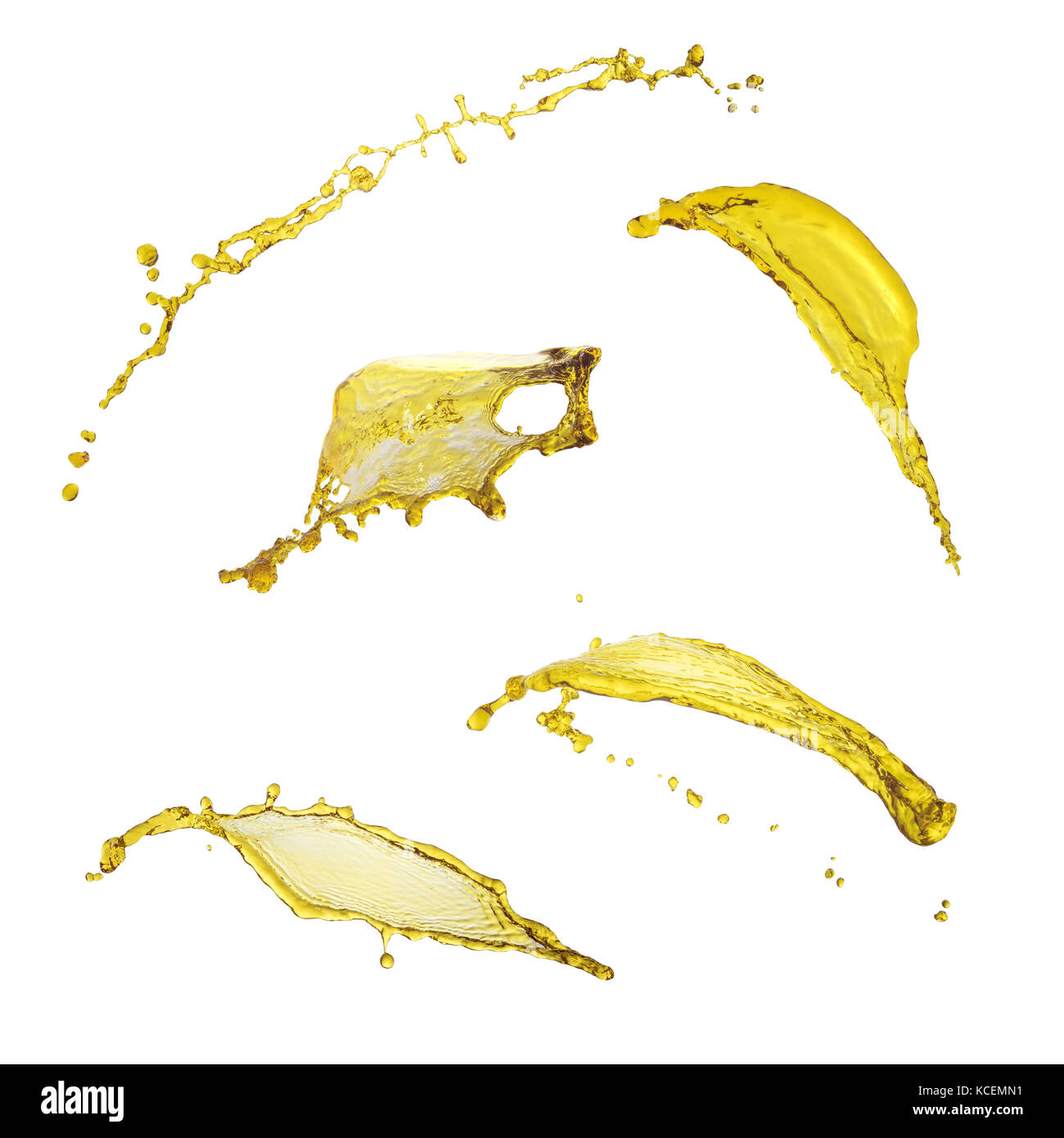 Elegante la raccolta di liquido gli schizzi di olio di colore giallo su sfondo bianco Foto Stock