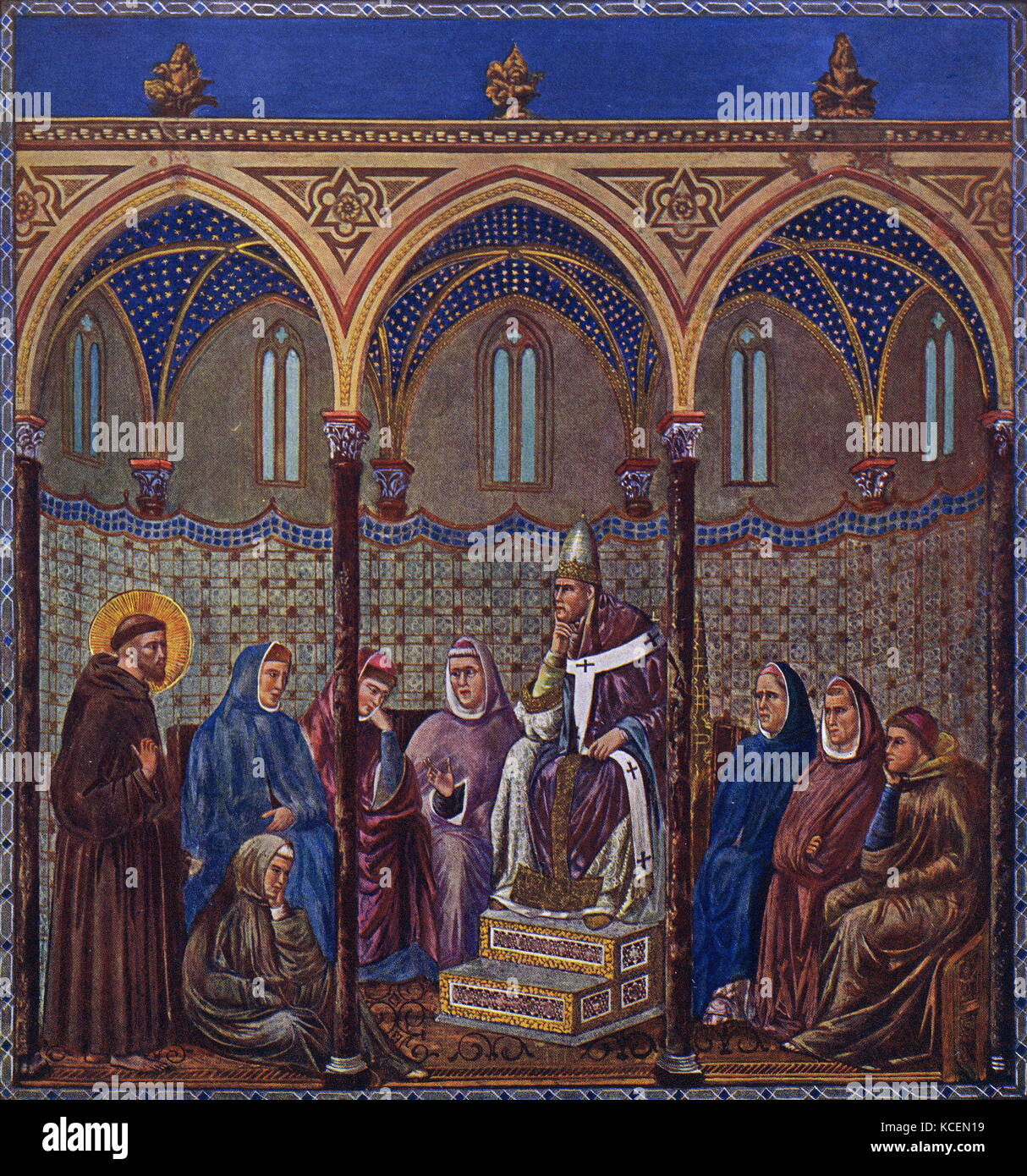 San Francesco di Assisi (1181-1226), fondatore dell'Ordine francescano, la predicazione di Papa Onorio IV (1285-87) da affresco di Giotto nella chiesa ad Assisi Foto Stock
