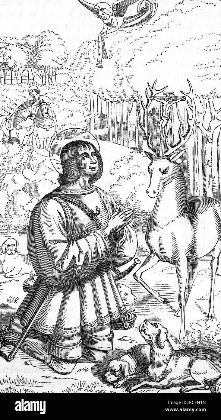 La conversione di Saint Hubertus o Hubert (c. 656-727 AD). Hubert divenne Vescovo di Liegi nel 708 d.c. Egli era un santo cristiano che fu il santo patrono dei cacciatori, matematici, ottici, e fabbri. Conosciuto come l Apostolo delle Ardenne Foto Stock