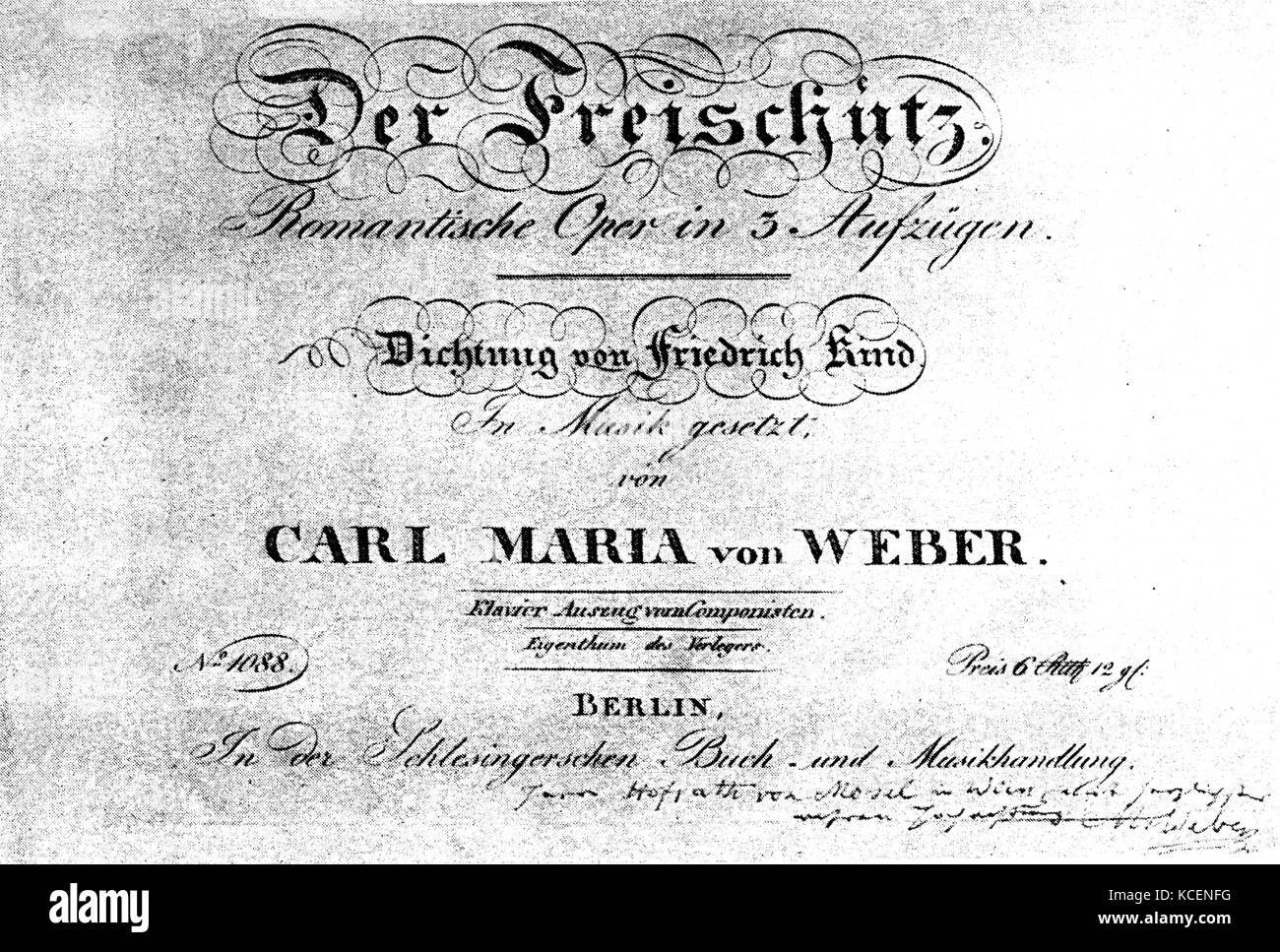 Pagina del titolo dell'Opera Tedesca 'Der Freischütz" (il tiratore libero) da Carl Maria von Weber (1786-1826) un compositore tedesco, conduttore, pianista, chitarrista, e critico. Datata del XIX secolo Foto Stock
