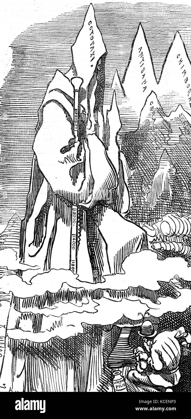 Tributo cartoon raffigurante Edward Whymper (1840-1911) un alpinista inglese, explorer, Illustrator e l'autore. Datata del XIX secolo Foto Stock
