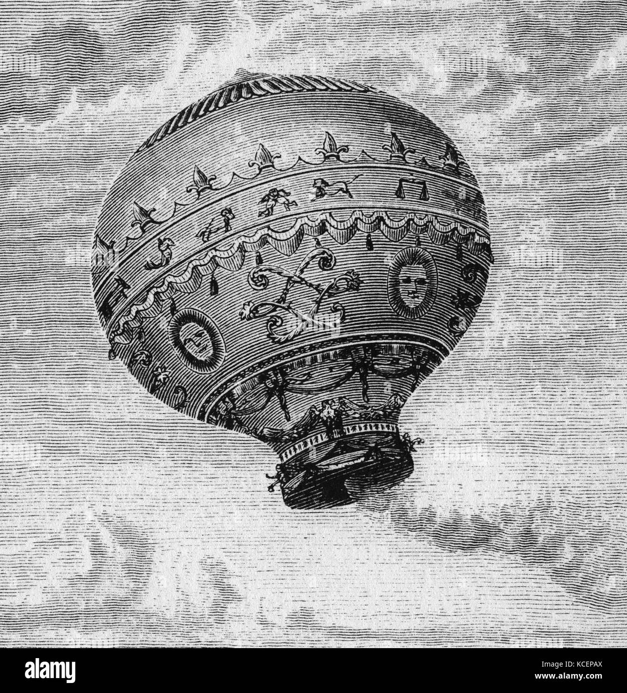 Incisione su rame del palloncino di idrogeno progettato dai fratelli Montgolfier. Joseph-Michel Montgolfier (1740-1810) e Jacques-Étienne Montgolfier (1745-1799) inventori del Montgolfier-stile mongolfiera, globe aérostatique. Datata xviii secolo Foto Stock