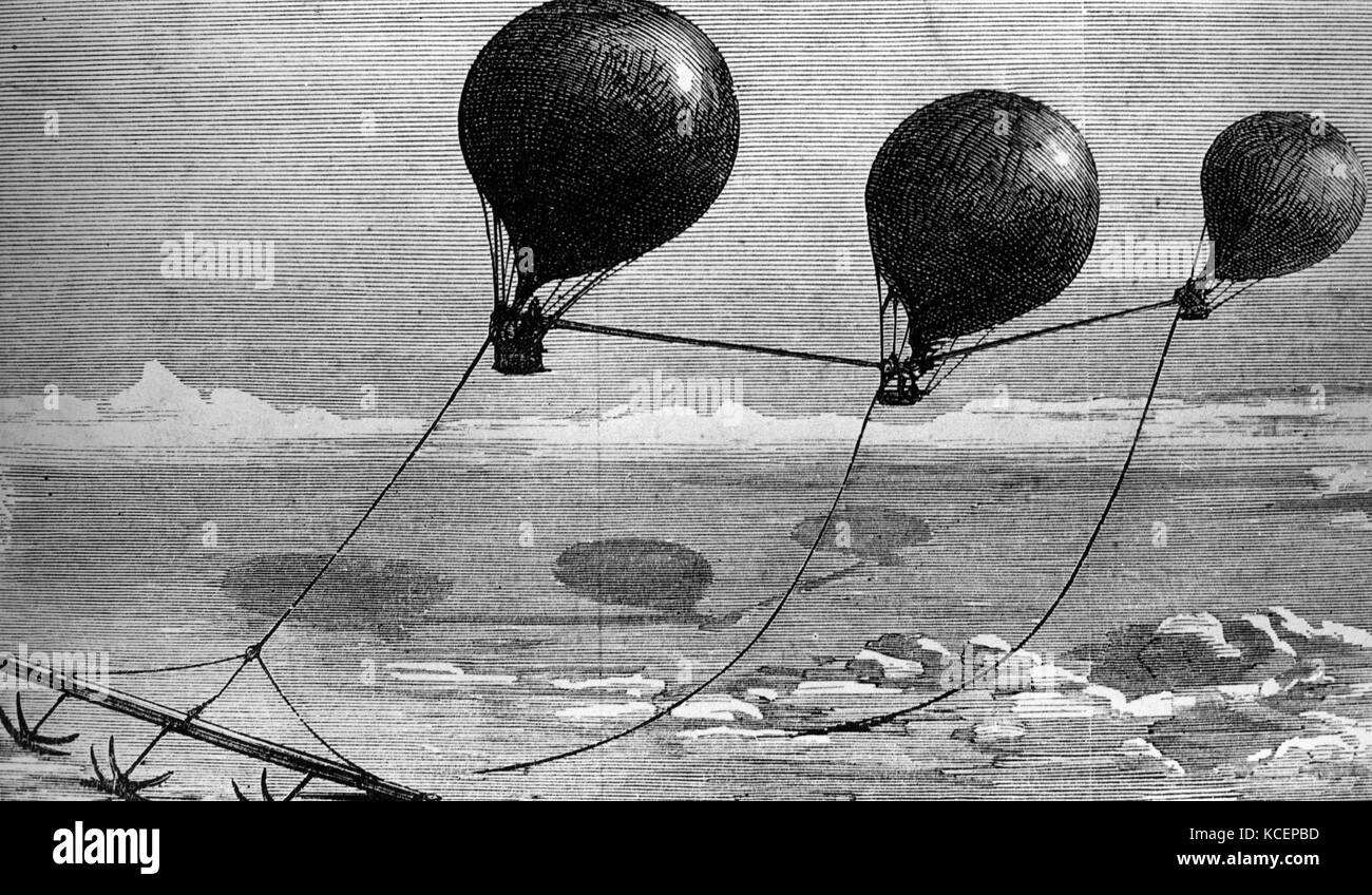 Illustrazione raffigurante Henry Tracey Coxwell del piano di un triplo palloncino per essere utilizzato per l'esplorazione artico. Henry Tracey Coxwell (1819-1900) un British aeronaut. Datata del XIX secolo Foto Stock