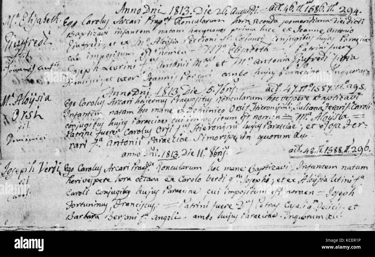 Voce battesimale per Giuseppe Verdi (1813-1901) un'opera italiana compositore. Datata del XIX secolo Foto Stock