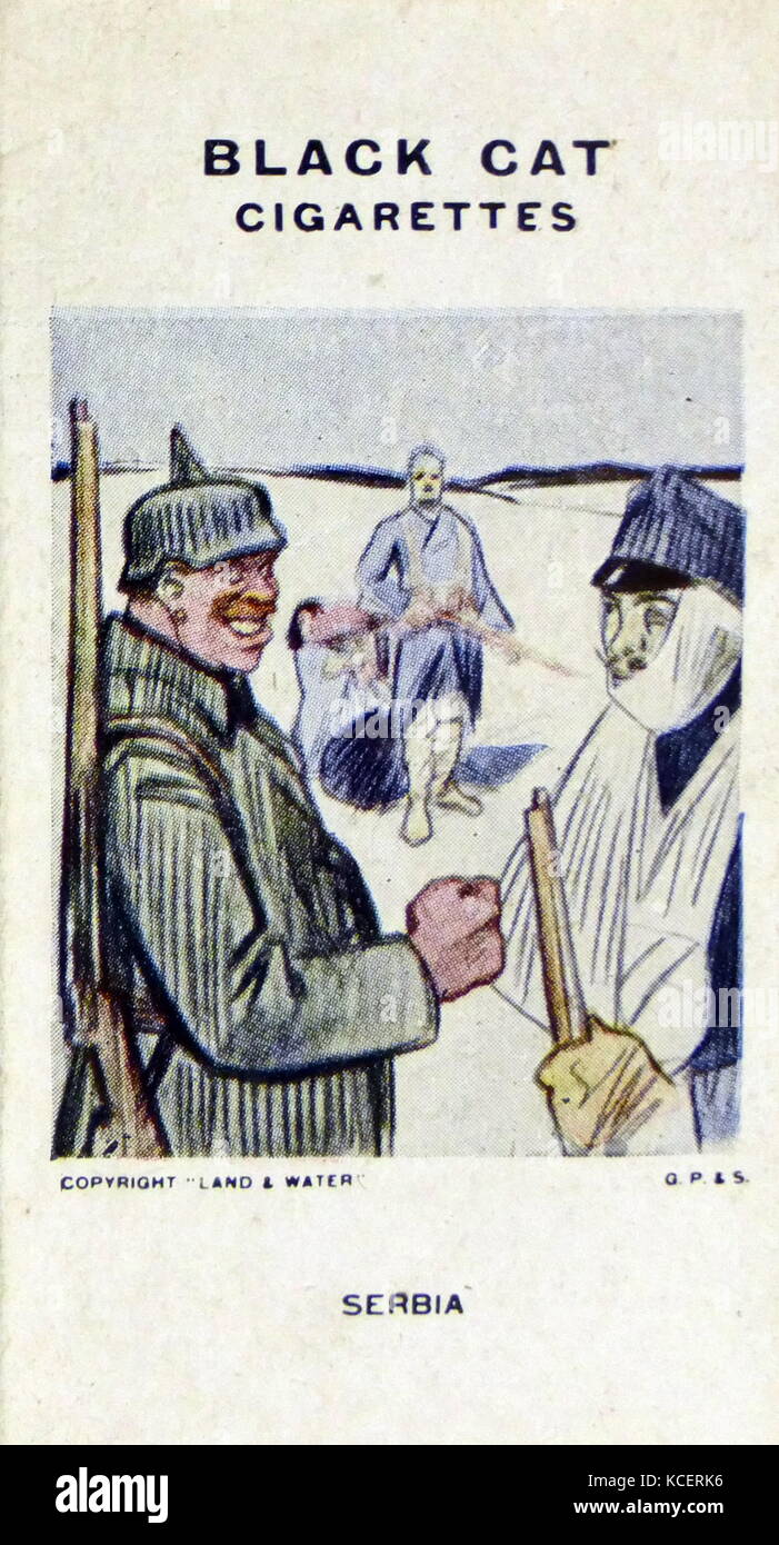 Gatto nero sigarette, la prima guerra mondiale la propaganda che mostra scheda: la Germania invade la Serbia Foto Stock