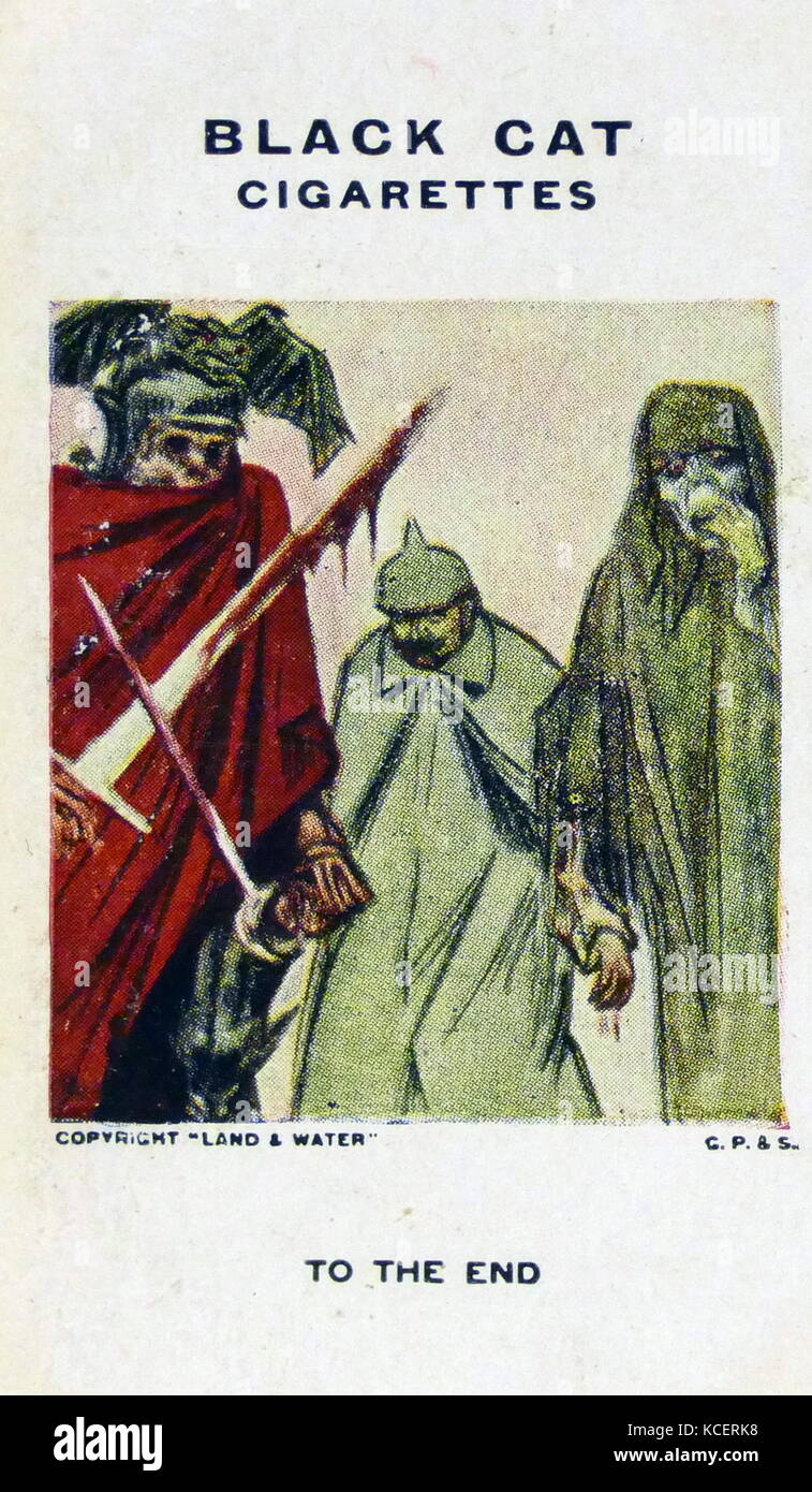 Gatto nero sigarette, la prima guerra mondiale la propaganda che mostra scheda: Il Kaiser Guglielmo II in compagnia della morte Foto Stock