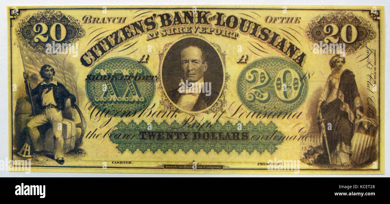 Citizens Bank of Louisiana $20 banconota. Centinaia di banche private è fiorita in America nei giorni del selvaggio West. La maggior parte non è riuscita e oggi sono conosciute per i collezionisti come rotture di banconote. Foto Stock