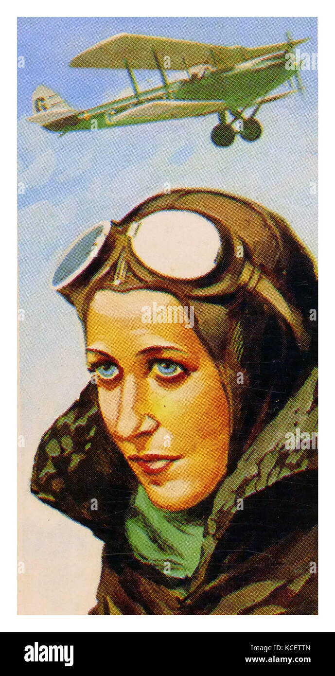 1969 Brooke Bond raccoglitori carta di tè, raffiguranti: Amy Johnson, (1903 - 5 gennaio 1941) pionieristico aviatore inglese e fu la prima donna pilota di volare da soli dalla Gran Bretagna in Australia. Ha volato nella seconda guerra mondiale come una parte del trasporto aereo ausiliario e morì durante un volo traghetto nel luglio 1931 Foto Stock