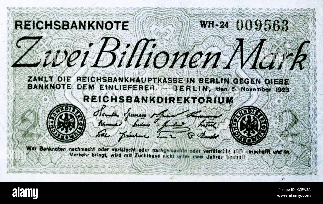 Due miliardi di Reichsmark banconote emesse il 5 novembre 1923, dalla Germania la banca centrale, durante l'iper-inflazione periodo. Foto Stock