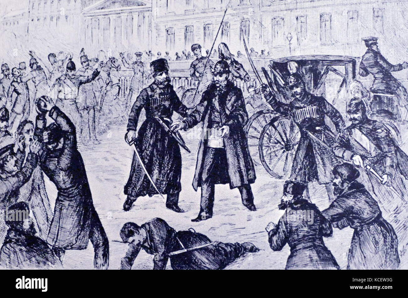 Assassinio dello Zar Alessandro II (1818 - 1881), l'imperatore di Russia, 13 marzo 1881, a San Pietroburgo. Un giovane membro della Narodnaya Volya ("il popolo la volontà dell') movimento, Nikolai Rysakov, ha gettato una bomba, uccidendo uno dei Cosacchi e ferendo gravemente il conducente. È danneggiato solo il carrello antiproiettile. L'imperatore emerse scossa ma illeso. Rysakov fu catturato quasi immediatamente. Capo di polizia Dvorzhitsky Rysakov sentito gridare a qualcun altro nella folla folla. Le guardie ha esortato l'imperatore a lasciare la zona. Foto Stock