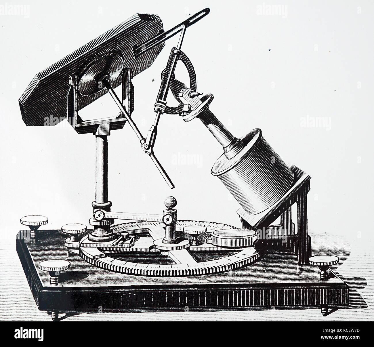 Incisione di una Coelostat da Léon Foucault (1819-1868) un fisico francese. Un Coelostat è uno strumento con uno specchio rotante che continuamente riflette la luce proveniente dalla stessa zona di cielo, usato per monitorare il percorso di un oggetto celeste. Datata del XIX secolo Foto Stock