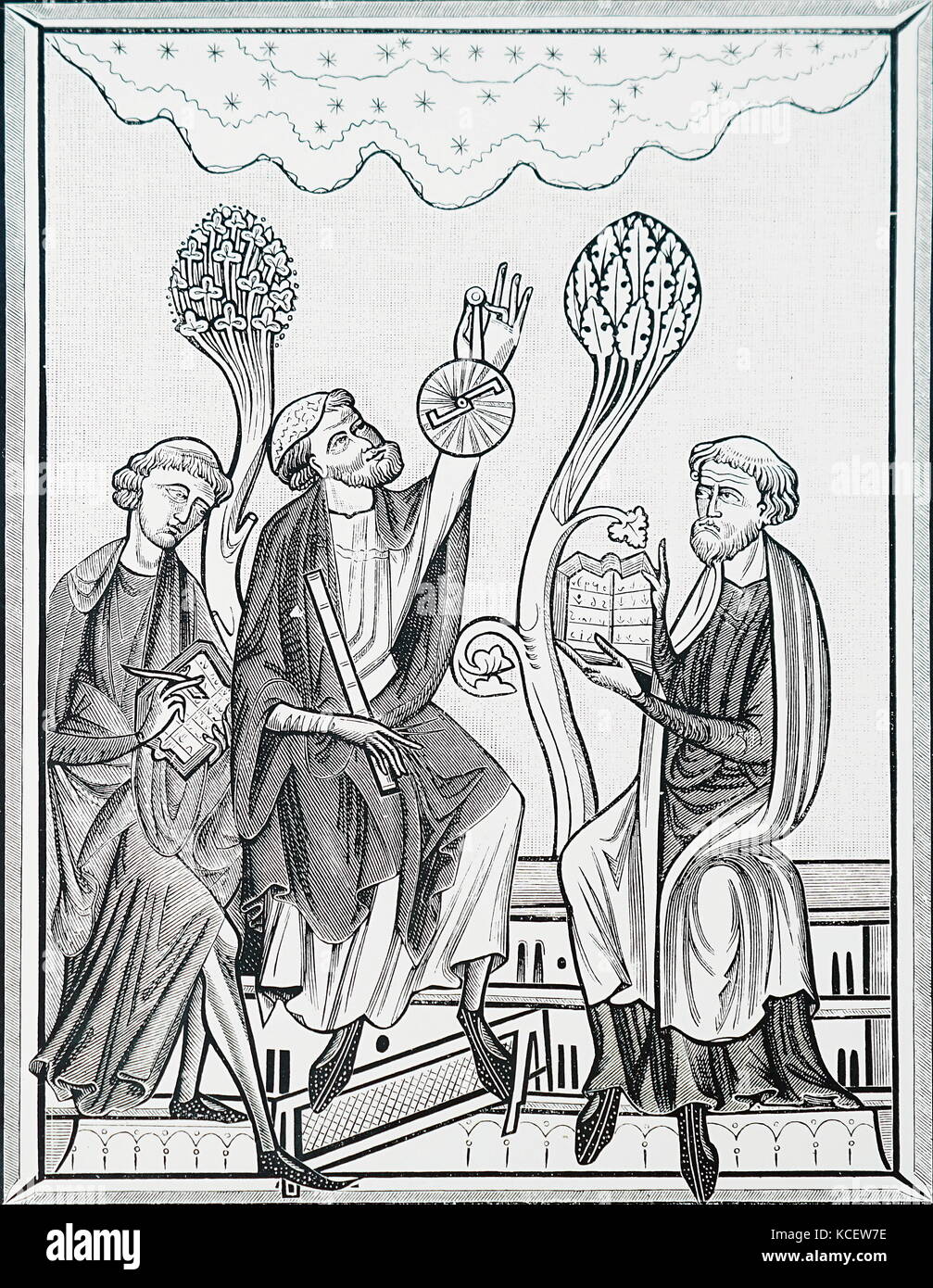 Incisione raffigurante una lezione di astronomia usando un astrolabio. Datata xiii secolo Foto Stock