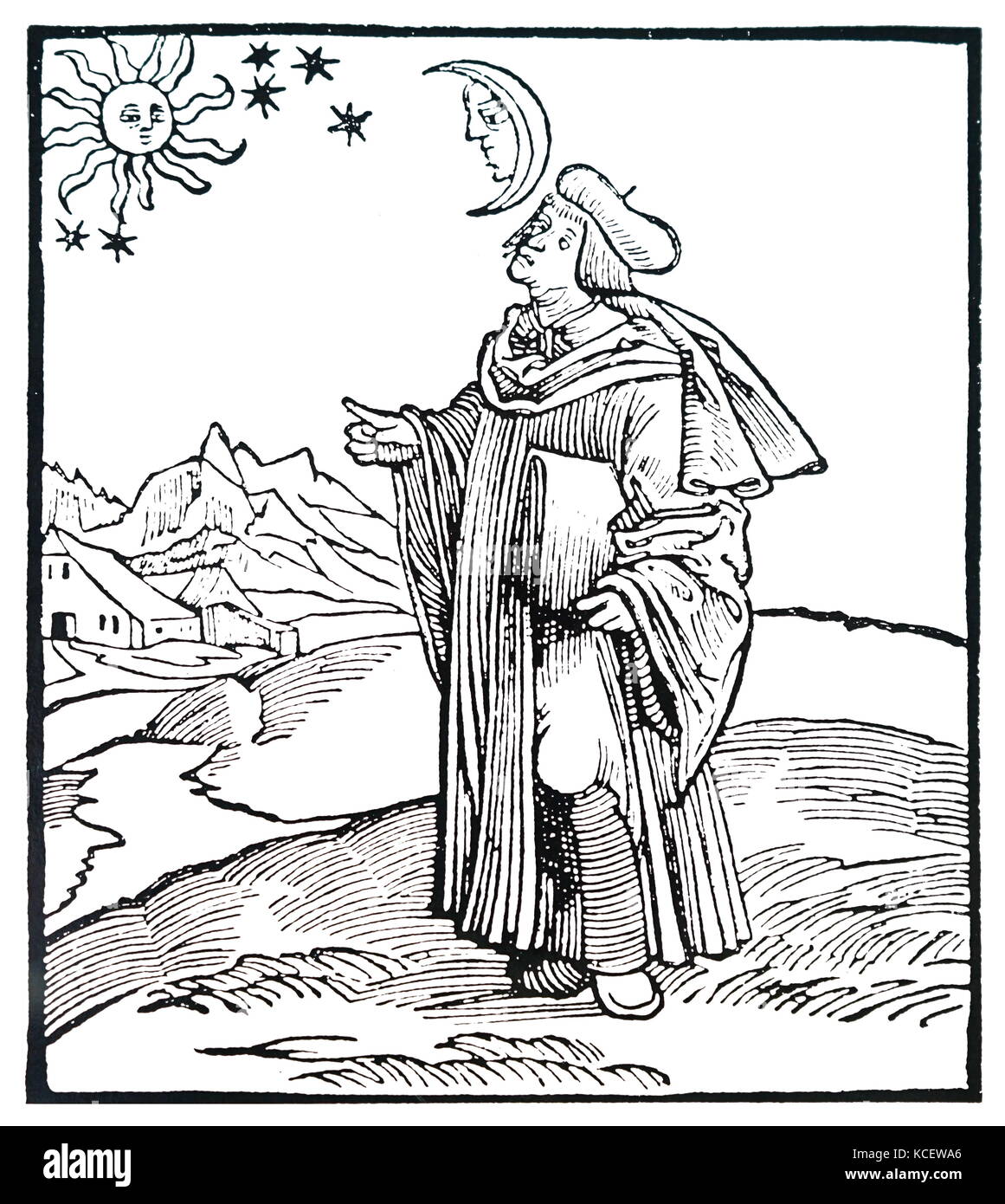 Xilografia raffigurante un astrologo di Hans Holbein il Giovane (1497-1543) un tedesco e artista svizzero e Printmaker del Nord in stile rinascimentale. Datata XVI Secolo Foto Stock