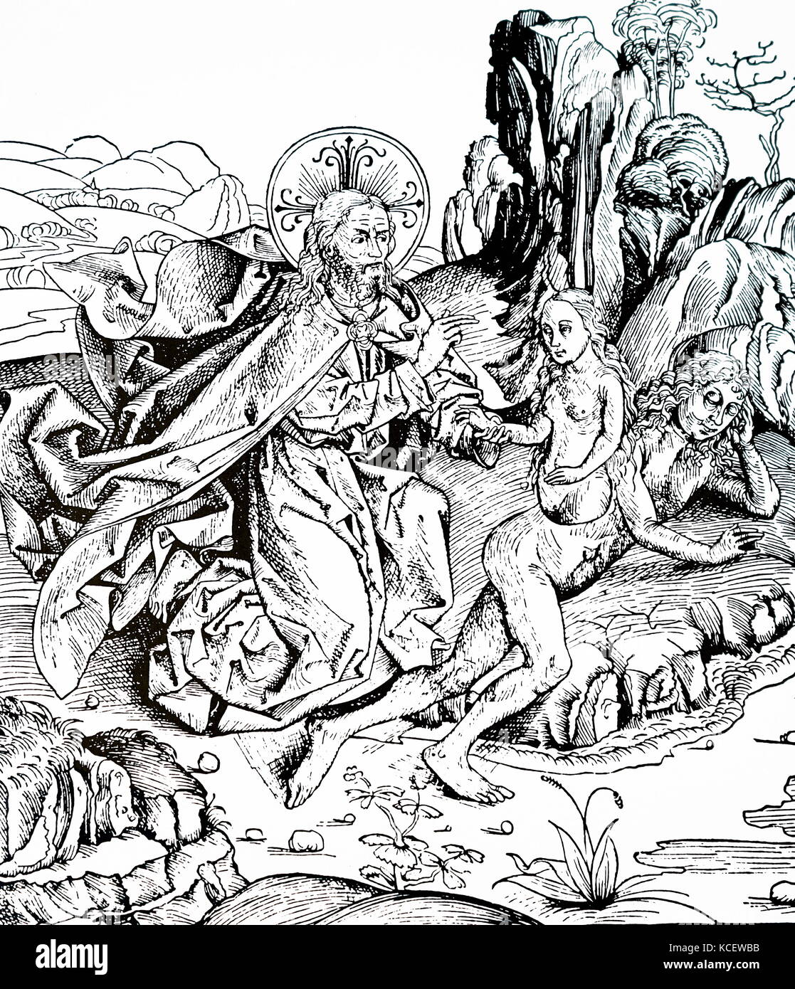 Incisione raffigurante la creazione di Adamo ed Eva dal Cronaca di Norimberga di Hartmann Schedel (1440-1514) un medico tedesco, umanista e storico, e uno dei primi cartografi. Datata xv secolo Foto Stock