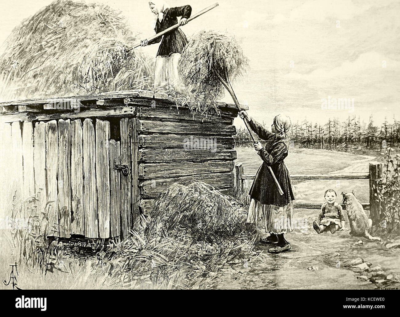 Illustrazione raffigurante una famiglia contadina la memorizzazione di foraggio invernale nel tetto di un capannone in Siberia, Russia. Datata del XIX secolo Foto Stock