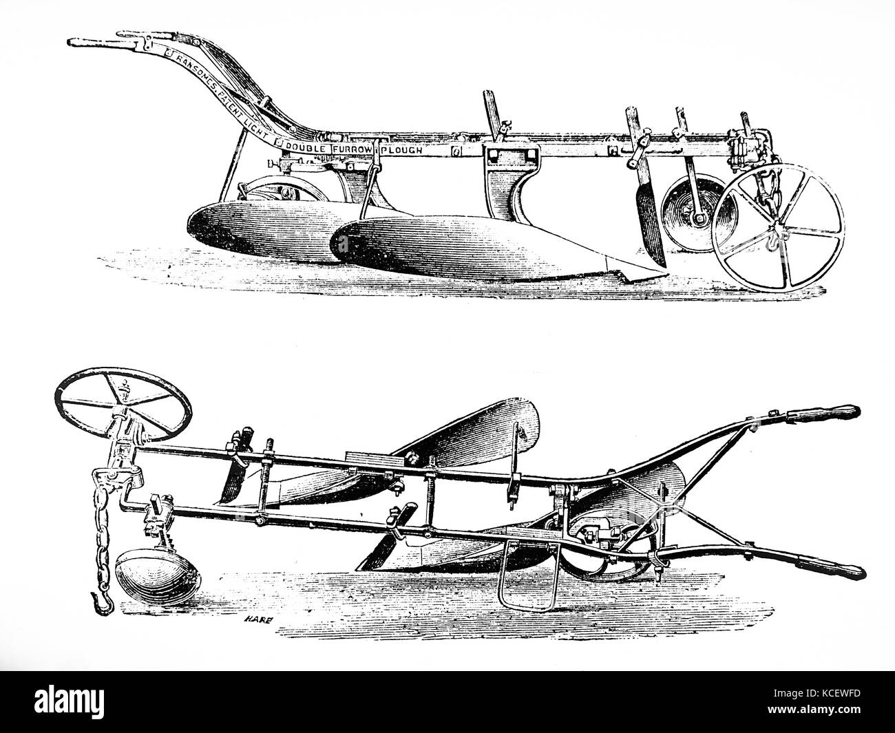 Incisione raffigurante un Ransomes, Sims & Jefferies doppio solco aratri. Datata del XIX secolo Foto Stock