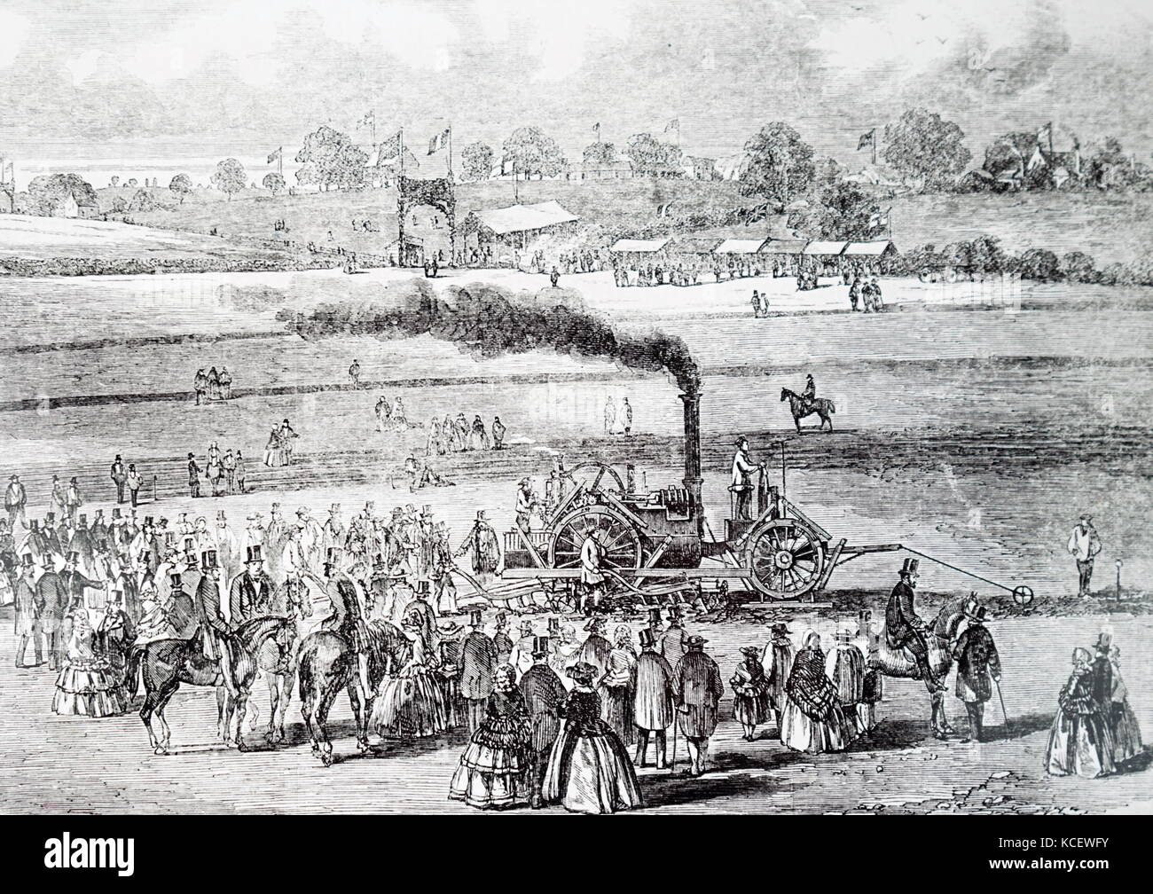 Incisione raffigurante una dimostrazione di Boydell vapore dell'aratro. Datata del XIX secolo Foto Stock