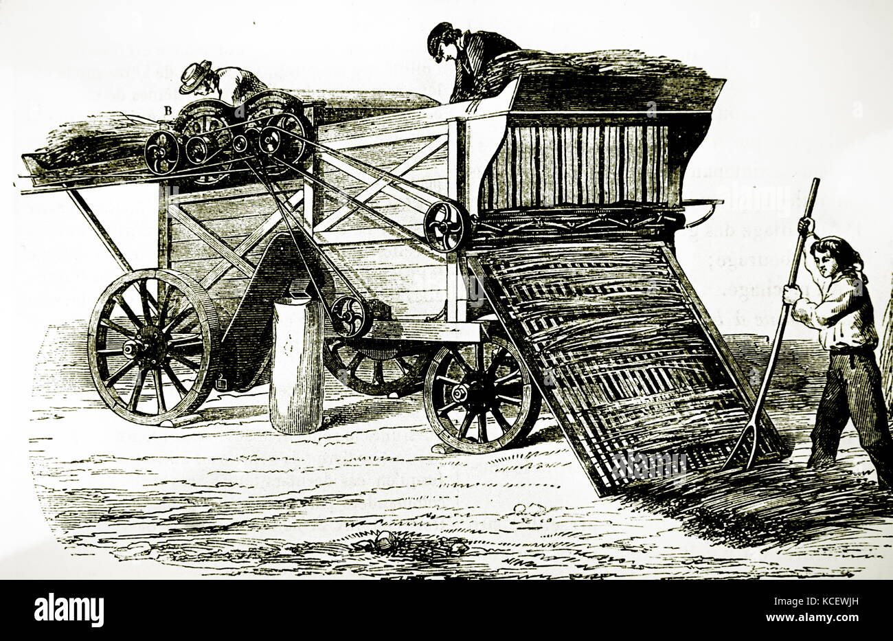 Incisione raffigurante un vapore-driven macchina di trebbiatura. Datata del XIX secolo Foto Stock