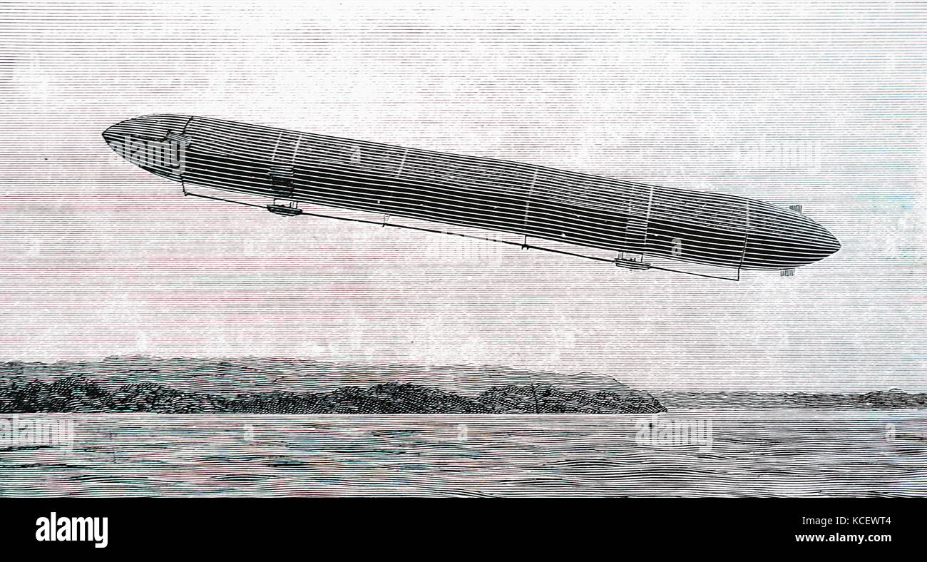 Incisione raffigurante il dirigibile Zeppelin, sul lago di Costanza, chiamato dopo il conteggio di tedesco Ferdinand von Zeppelin (1838-1917) un generale tedesco e più tardi del costruttore di aeromobili. In data xx secolo Foto Stock