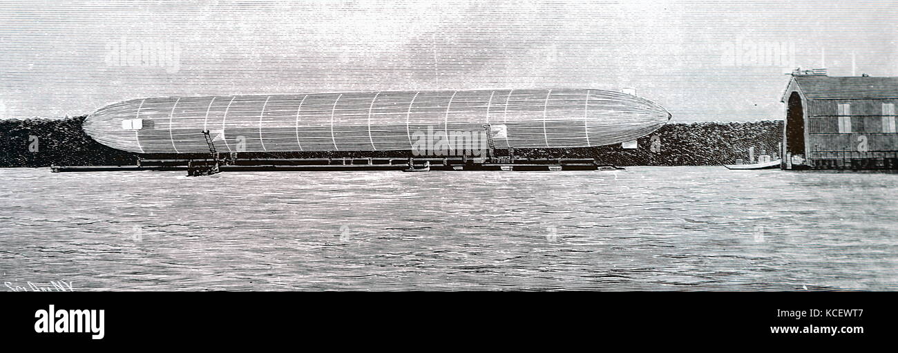 Incisione raffigurante il dirigibile Zeppelin, sul lago di Costanza, chiamato dopo il conteggio di tedesco Ferdinand von Zeppelin (1838-1917) un generale tedesco e più tardi del costruttore di aeromobili. In data xx secolo Foto Stock