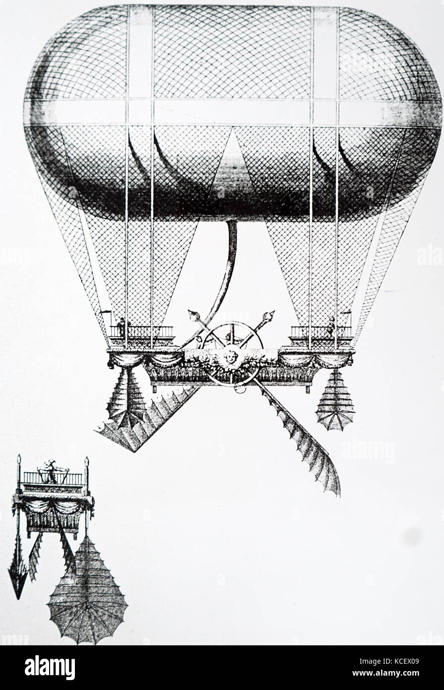Incisione Carra della balloon dotato di ruote a palette come mezzi di propulsione. Datata xviii secolo Foto Stock