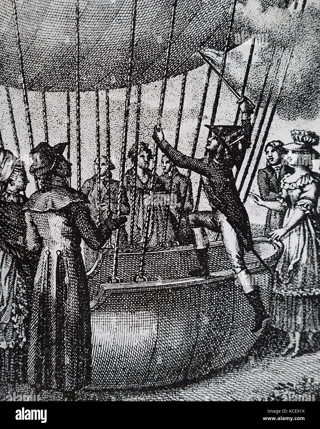 Incisione raffigurante Dunont de piercing Chambot Jean-Pierre Blanchard della balloon. Datata xviii secolo Foto Stock
