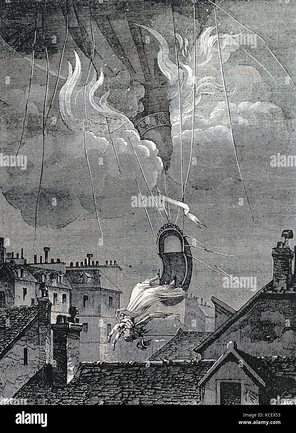 Incisione raffigurante Sophie Blanchard la mongolfiera fatale incidente. Sophie Blanchard (1778-1819) un aeronaut francese e moglie di Jean-Pierre Blanchard. Datata del XIX secolo Foto Stock
