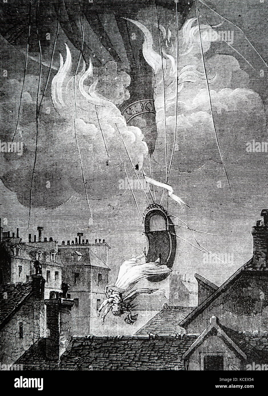 Incisione raffigurante Sophie Blanchard la mongolfiera fatale incidente. Sophie Blanchard (1778-1819) un aeronaut francese e moglie di Jean-Pierre Blanchard. Datata del XIX secolo Foto Stock
