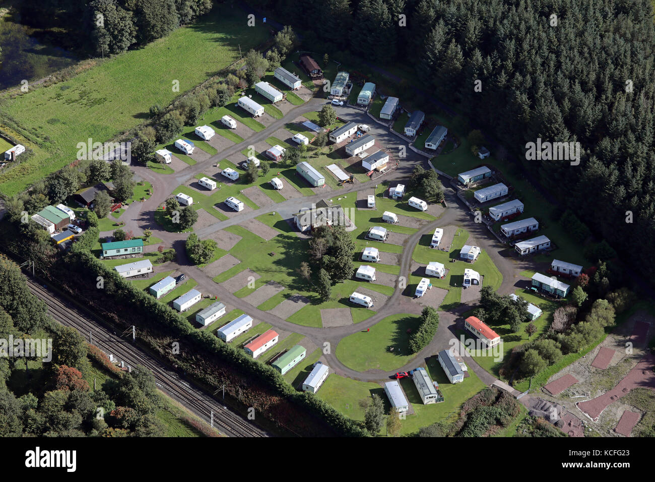 Vista aerea del monte Visualizza Caravan Park, Abington, sud ovest della Scozia, Regno Unito Foto Stock