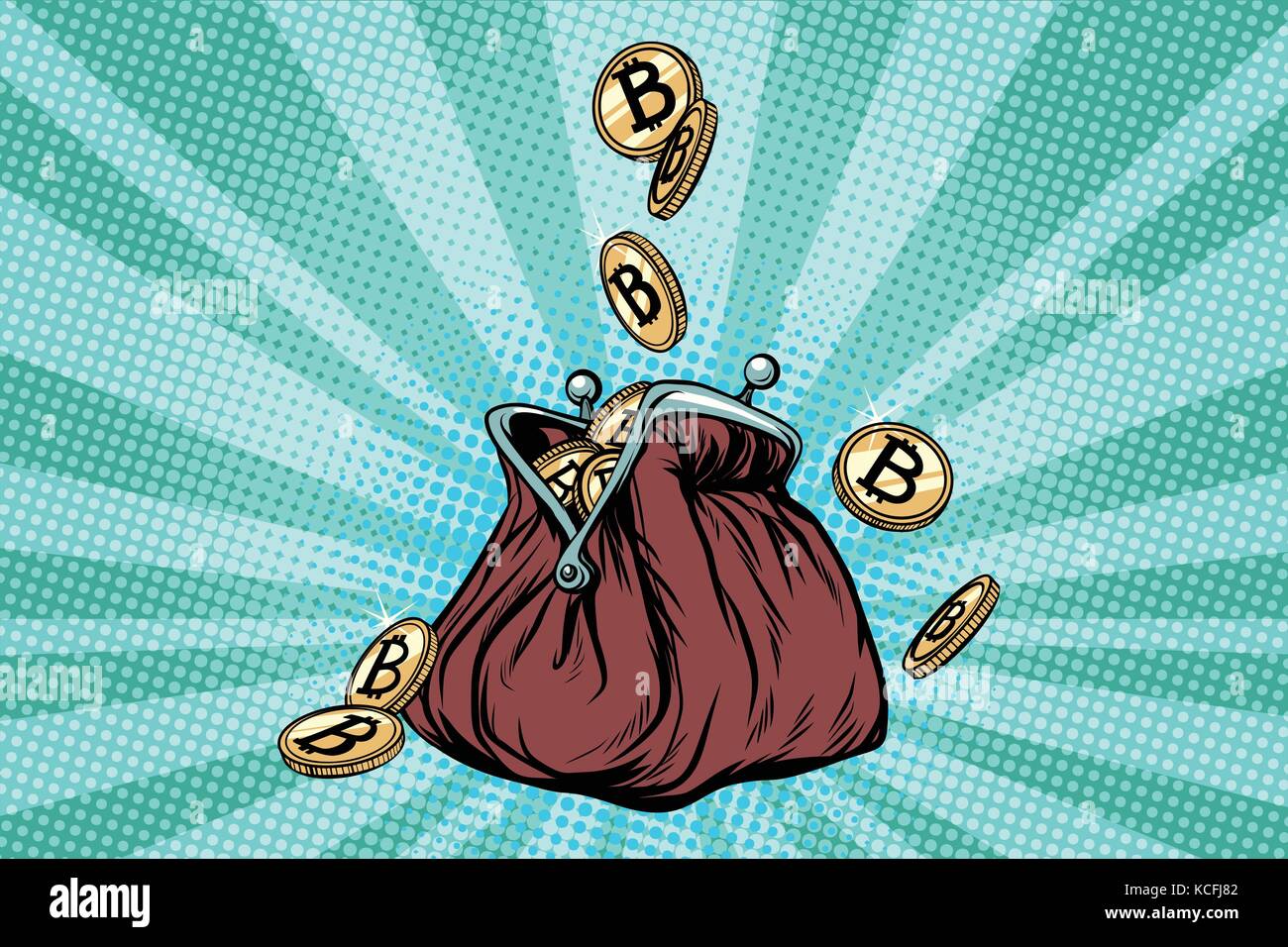 Portafoglio con bitcoin, crypto moneta e denaro elettronico Illustrazione Vettoriale