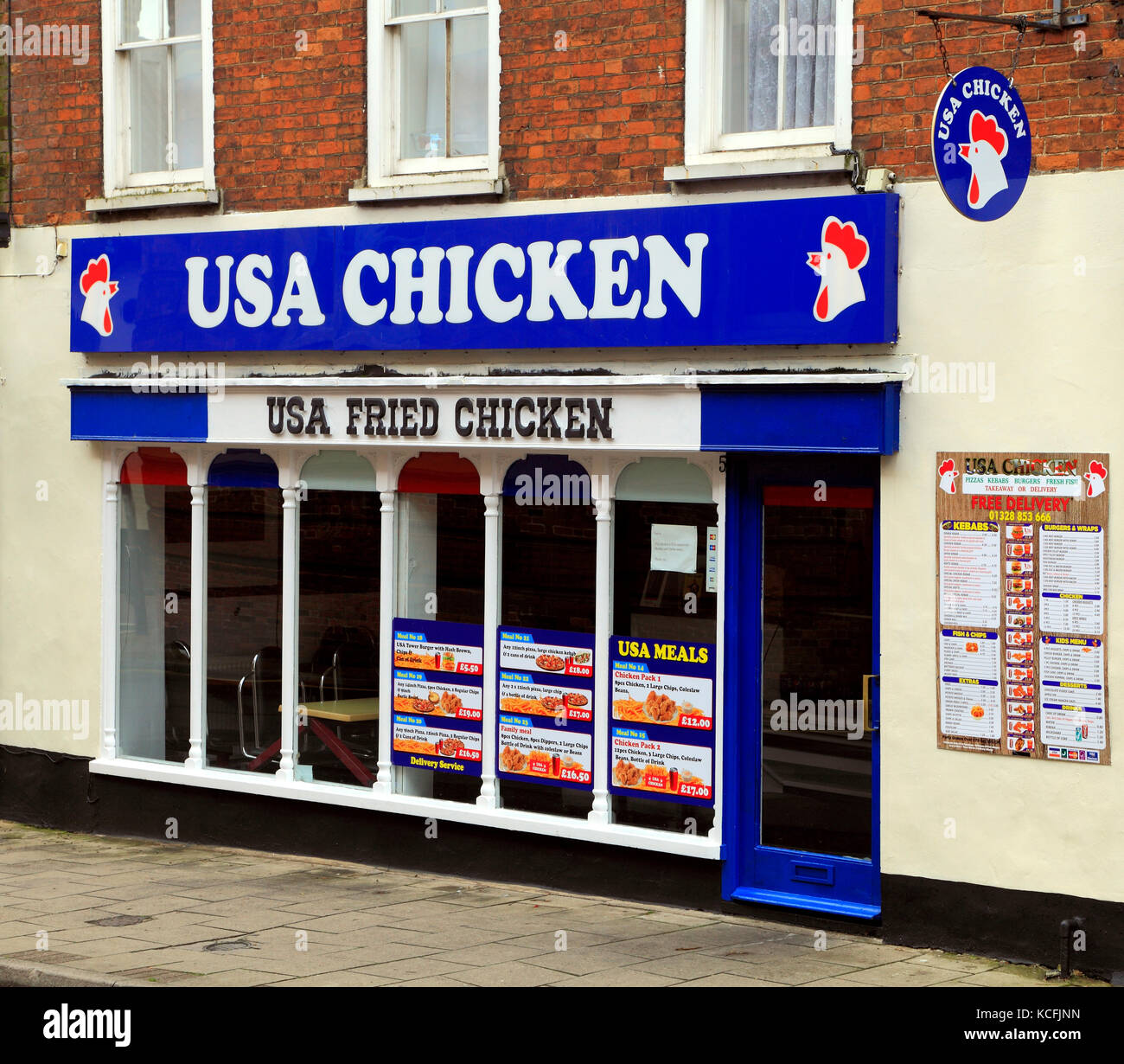 USA il pollo, shop, negozio, fast food, take away, take-away, pollo fritto, Fakenham, Norfolk, Inghilterra, Regno Unito Foto Stock