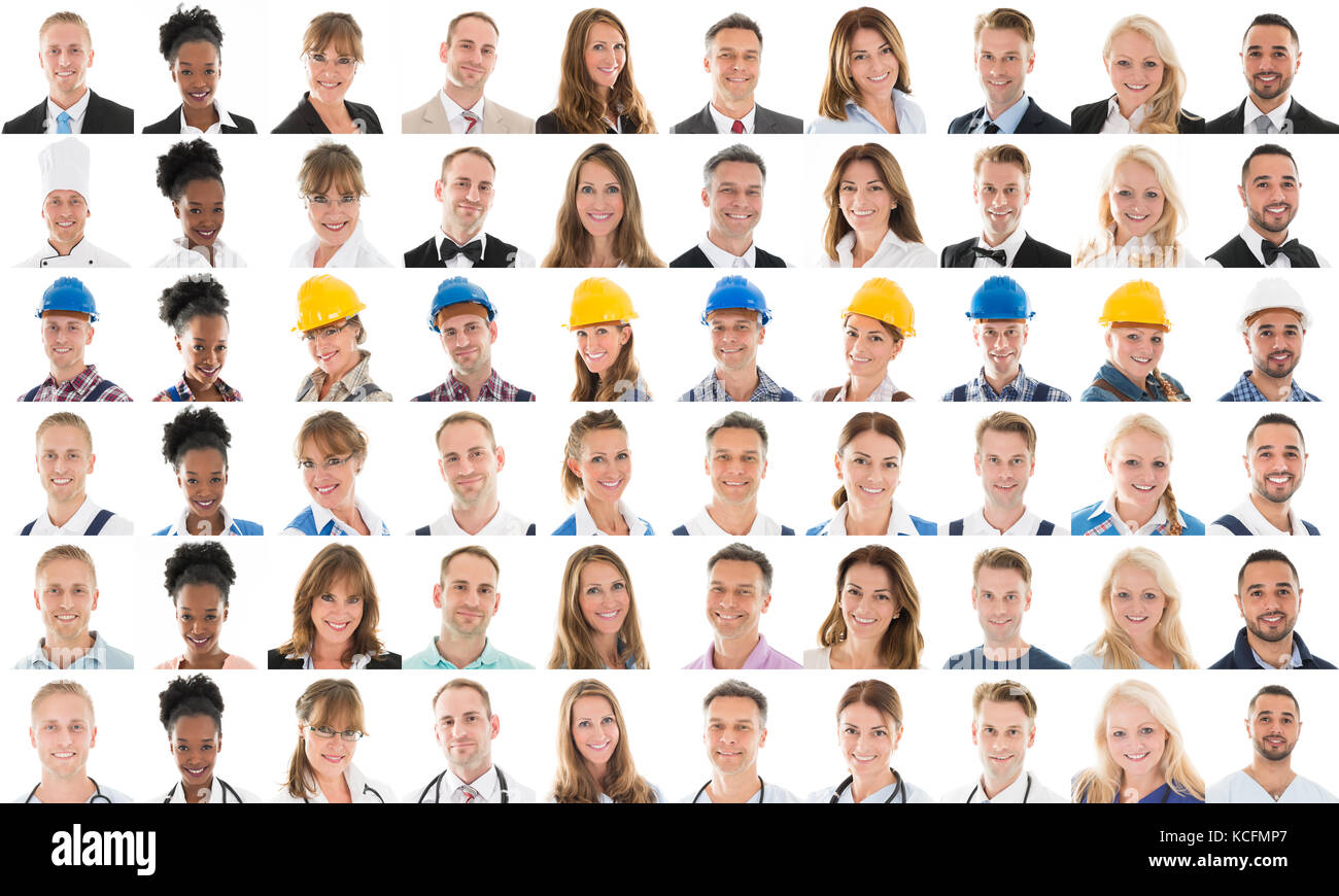 Collage di felice multi etnico persone con vari professione contro uno sfondo bianco Foto Stock