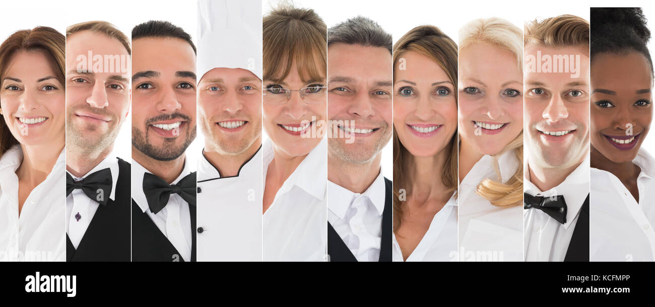 Set di felice maschio e femmina il personale del ristorante Foto Stock